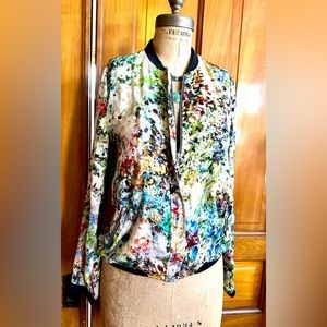 Zara Trafaluc light bomber jacket stunning florals black knit neck cuffs sz M